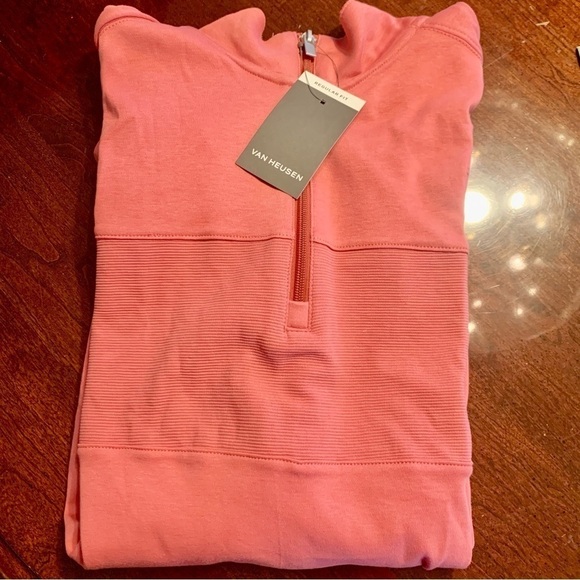 NWT Van Heusen Pullover Top Men’s Large Salmon 100% Cotton 1/4 Zip Ribbed Panel - Picture 5 of 12
